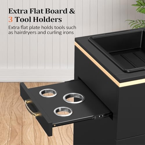 OmySalon Salon Storage Station, Barber Stations Beauty Salon Spa Equipment with 3 Drawers, a Storage Basin, 3 Hair Dryer Holders for Hair Styling, Black Gold - Image 3