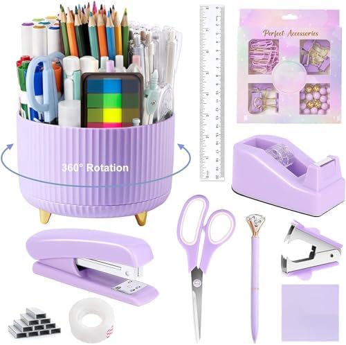 Office Supplies,School Supplies,Purple Desk Accessories,Desk Organizer,Scissors,Stapler,Tape Dispenser,Binder Clips,Staples,Staple Remover,Sticky Notes,Clear Tape,Pen,Ruler,Best Gift,11pcs by suniya