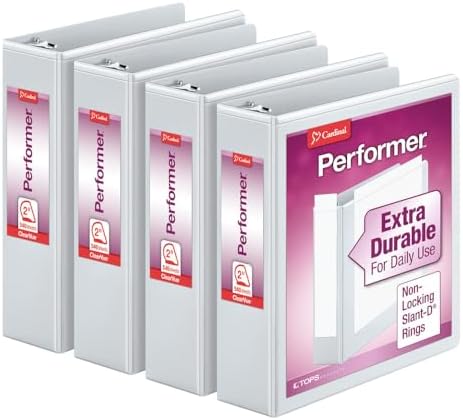 Cardinal Performer 3-Ring Binders, 2", Non-Locking Slant-D Rings, 540-Sheet Capacity, Clearvue Presentation, Non-Stick, PVC-Free, White, 4-Pack (27500), 2-Inch by TOPSProducts