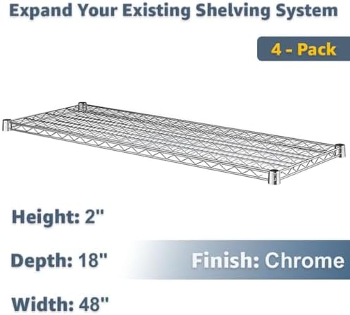 Durable 18" x 48" Chrome Wire Shelves 4-Pack, 600lb Capacity Commercial Storage Rack Add-On, NSF - Image 2