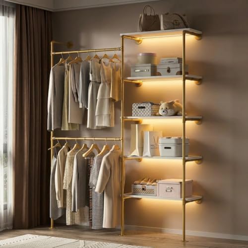 Industrial Pipe Clothing Rack with LED Lights& Shelves, Gold by DABILONGC