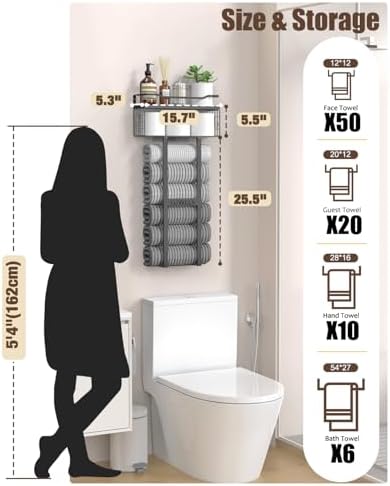 Aetyord Towel Racks for Bathroom 31inch Wall Mounted Towel Rack,Floating Shelf with Wood Plank,Towel Storage for Bathroom can Holds 6 Large Rolled Towels,All Black - Image 2