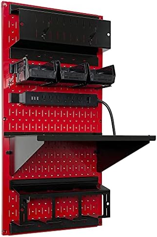 Wall Control Power Tool Storage Organizer Kit Cordless Drill Holder Charging Station Rack 16” x 32” Metal Pegboard Organization System (Red Pegboard) - Image 2