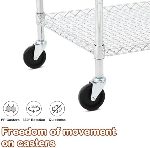 3-Tier Rolling Utility Cart 500 Lbs Capacity Rolling Carts, Wire Rolling Cart with Handle Bar Commercial Rolling Storage Trolley Utility Shelf Plant Display Shelf Food Cart, Low Handle - Image 5