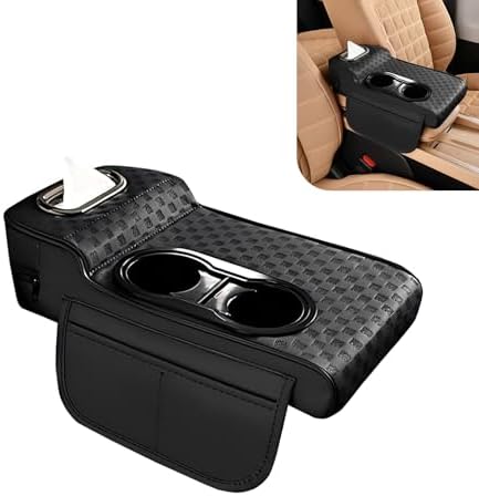 Car Center Console Leather Armrest Increase Cushion, MultiFunctional Armrest Box Pad with Dual Cup Holder, Tissue Box, Side Card Holder, Universal for Most Cars, SUVs, Trucks (Black) by Unknown
