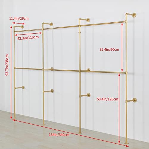 Wall Mounted Industrial Pipe Clothing Garment Racks, Metal Clothing Store Display Stands Clothes Rack Multi-purpose Heavy Duty Hanging Rod for Closet Storage, 134in Gold - Image 3