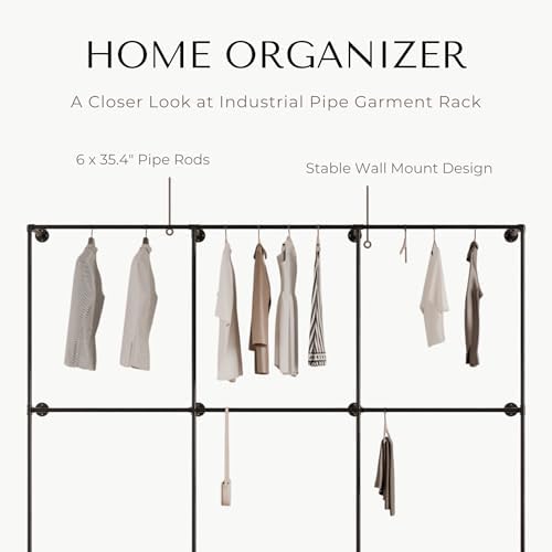 Industrial Pipe Clothing Rack, Wall Mounted Clothes Rack, 110", 6 Rods - Image 3