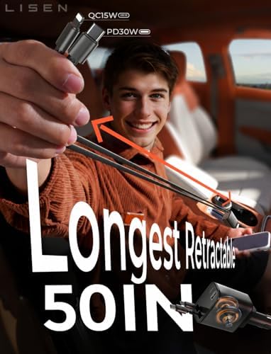 LISEN Retractable Car Charger, [2026 Upgrade 50 inch ] Long 4 in 1 Retractable Cable Car Charger, USB C Car Charger Fast Charging for iPhone 17 16 15 14 13 12 11 X Pro Max Plus Mini, Samsung S26 - Image 2