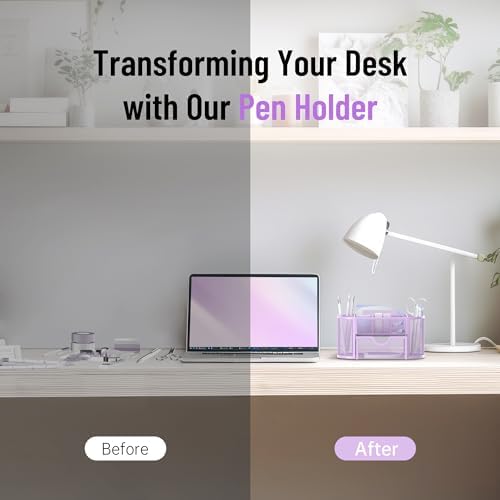 Mesh Desk Organizer with Drawer, 9-Compartment Pen Holder for Desk, Purple - Image 4