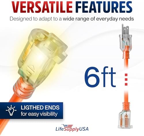 6ft Outdoor/Indoor Extension Cord 12/3 Gauge Extra Heavy Duty 3 Prong SJTW, Waterproof, Flexible Cold-Resistant Long Power Cord,15A 125V 1875W, Orange by LifeSupplyUSA - Image 6