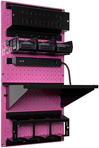 Wall Control Power Tool Storage Organizer Kit Cordless Drill Holder Charging Station Rack 16” x 32” Metal Pegboard Organization System (Pink Pegboard) - Image 2