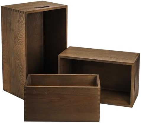 Hedume Set of 3 Nesting Wooden Crates, Wood Crate Box with Handle, Rustic Brown Decorative Wood Storage Crates Container, Stackable Cube Basket Bins Organizer for Home, Office, Closet, Shelf - Image 4