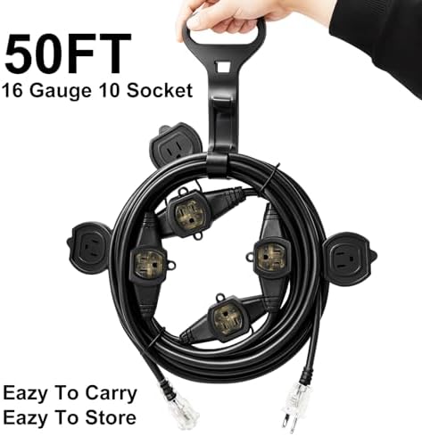 50FT Outdoor Extension Cord, 16 Gauge SJTW 5-15R Cable Male Plug to Female Connector,10 Evenly-Spaced Outlets Plug,Suitable for Stage Setting or outdor. - Image 4