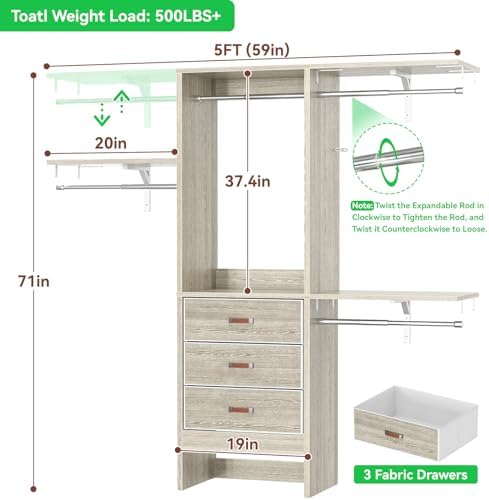 Armocity 5FT Small Closet System with 3 Fabric Drawers, 60'' Walk In Closet Organizer System With 3 Adjustable Shelves, Heavy Duty Clothes Rack Built-In Garment Rack, 59" L x 16" W x 71"H, White Oak - Image 7