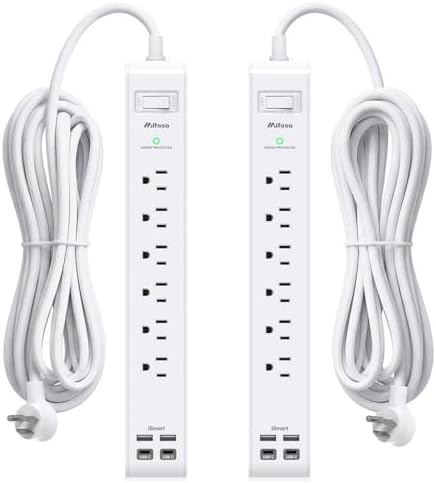 2 Pack Power Strip, 12FT Extension Cord, Surge Protector with 6 Outlets and 4 USB Ports (2 USB C), Extension Cord with Multiple Outlets, Flat Plug Overload Protection, Wall Mount for Home Dorm College by Mifaso