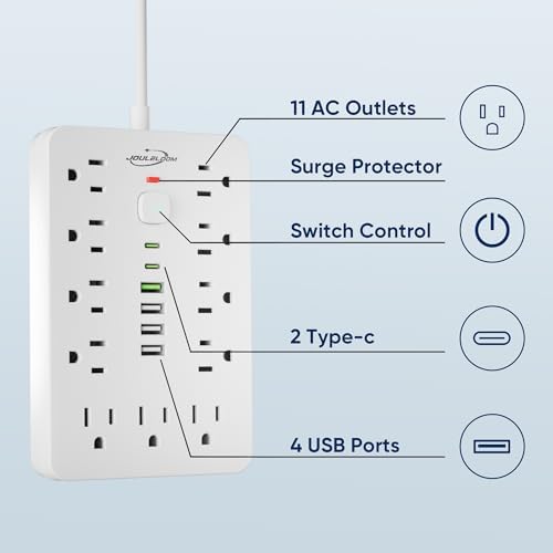 6 FT Flat Plug Surge Protector Power Strip,11 AC Outlets with 6 USB Ports - Image 3