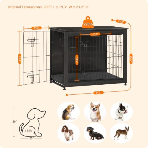 DWANTON 32.5" Dog Crate Furniture with Cushion, Wooden Kennel Table Indoor - Image 5