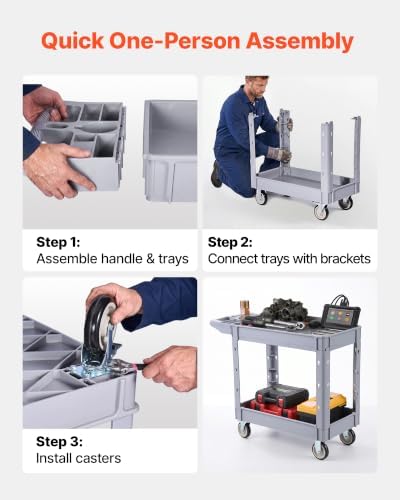 VEVOR Utility Cart, 550 lbs Capacity, 2 Tier Service Cart with 360° Swivel & Fixed Wheels (2 with Brakes), Heavy Duty Plastic Rolling with Storage Tray, Tool Storage for Garage Warehouse Workshop - Image 6