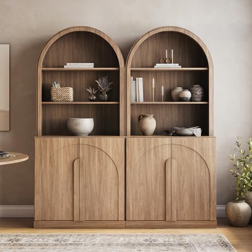 BELLEZE Arched Bookshelf with Storage Set of 2, 71" Tall Wood Curio Display Cabinet with Adjustable Shelf, 5 Tier Modern Bookcase Shelf with Door for Living Room Office, Camel - Image 5