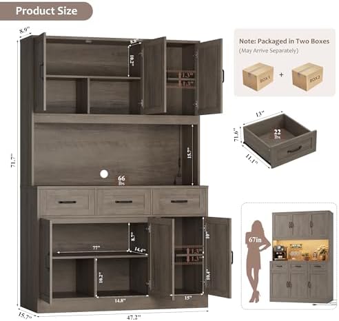 HOSTACK Kitchen Pantry Storage Cabinet, Kitchen Hutch Cabinet, Ash Gray - Image 3