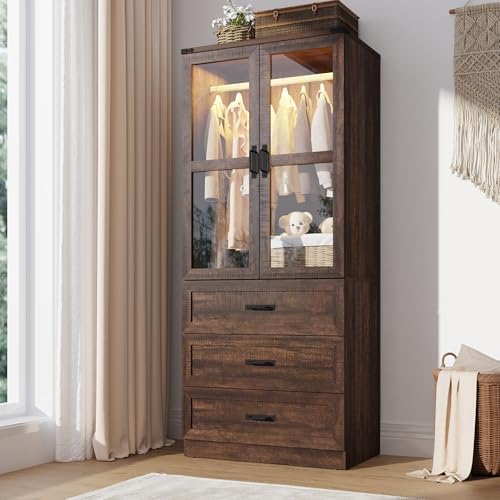 75" Tall Farmhouse 2 Doors Armoire Wardrobe Closet with 3 Drawers and LED,Freestanding Closet Wardrobe Cabinet for Bedroom with Hanging Rod,Wooden Armoire Storage Cabinet with Adjustable shelve(Brown) - Image 3