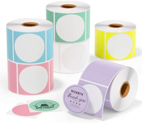 MUNBYN 2 Inch Circle Color Thermal Sticker Labels, Self-Adhesive Round Direct Thermal Labels, Multi-Purpose Roll Thermal Stickers for Business-4500 Labels/6 Rolls, 6 Colors by MUNBYN