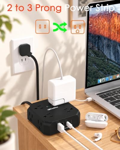 2 Prong Power Strip, WRXDMC 2 Prong to 3 Prong Outlet Adapter, Black, 1625W - Image 2