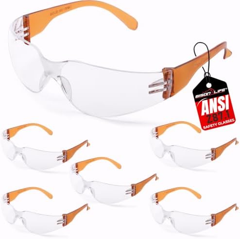 BISON LIFE Clear/Orange Safety Glasses for Men & Women, ANSI Z87.1, 6 Pack by BisonLife