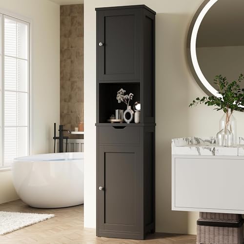 Shintenchi Tall Bathroom Storage Cabinet, Slim Corner Floor Cabinet with Doors and Drawer, Freestanding Narrow Bathroom Organizer with Adjustable Shelves for Small Space, Black - Image 2
