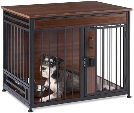 Amazon Basics Furniture Style Dog Crate, Sturdy Wooden Pet Kennel, End Table with Space for Pet, Two Bowls Included, 30" x 20.4" x 23.6", Walnut by AmazonBasics