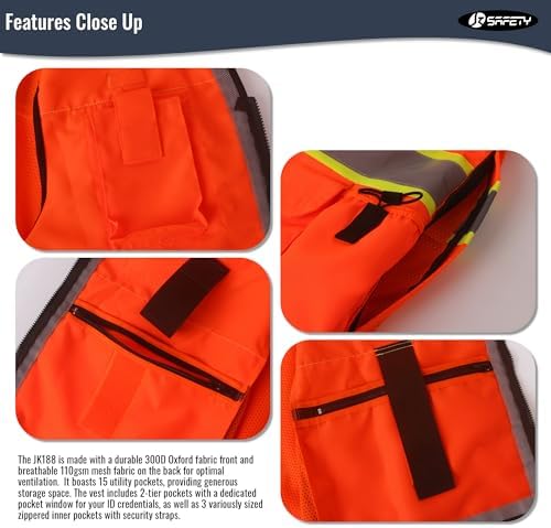 JKSafety Hi-Vis Unisex Surveyor Safety Vest Heavy Duty PPE Inner Pockets ANSI/ISEA Compliant - Image 3