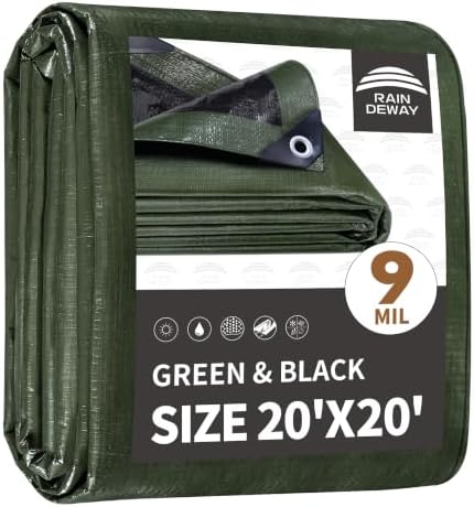 RAINDEWAY 20x20 Feet Tarp Waterproof,9Mil Green/Black Poly Tarps Cover by RAINDEWAY