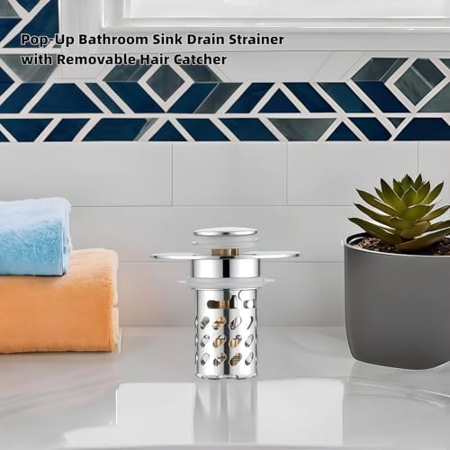 Universal Pop-Up Bathroom Sink Stopper, Stainless Steel Drain Strainer with Removable Filter Basket for 1.1"-2.36" Basin, Push-to-Bounce Core, Bathroom Sink Plug, Hair Catcher, 2 Pack - Image 3