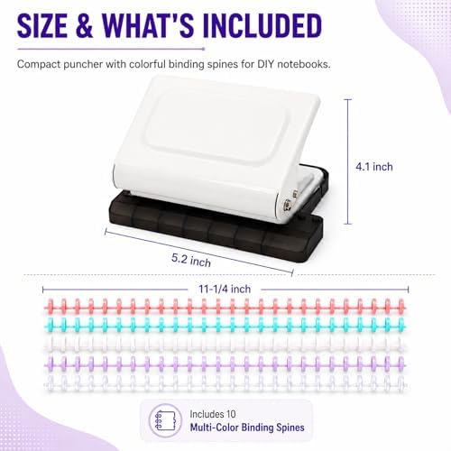 10 Hole Punch Binding Machine Kit for Planner (White) with 10 Multi-Color Spiral Coils, Adjustable A4 A5 B5 Paper Puncher, DIY Notebook Scrapbook Maker for Home Office School Organization - Image 4
