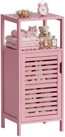 HITNET Small Bathroom Storage Cabinet, Bamboo Floor Cabinet Single Door, Freestanding Narrow Side Organizer for Living Room Hallway Entryway, Pink by HITNET