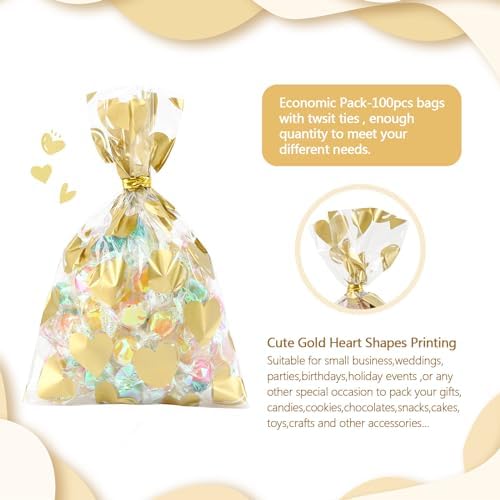 COQOFA 100 Pcs 5x7 IN Gold Heart Cello Cellophane Gift Bags for Baby Shower, Valentine, Wedding, Birthday with Twist Ties - Image 3