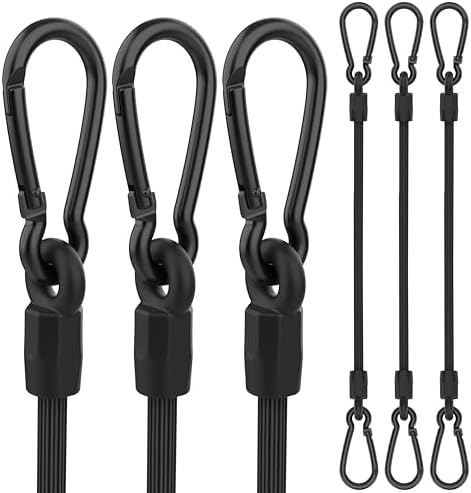 Bungee Cords with Hooks, 8 Inch Long Heavy Duty Bungee Cords with Carabiner Clip Outdoor, 1/3 Inch Black Extra Strong Elastic Rope with Carabiner Hooks for Camping, Tarps, Bike Rack, Tent, 6 Pack by Rugtol