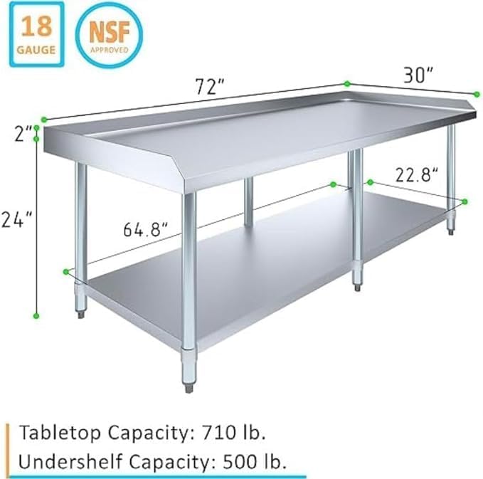 Stainless Steel Equipment Grill Stand with Adjustable Undershelf | Heavy Duty 18-Gauge Top | NSF Certified for Kitchens, Utility Rooms & Catering (72" x 30") - Image 3
