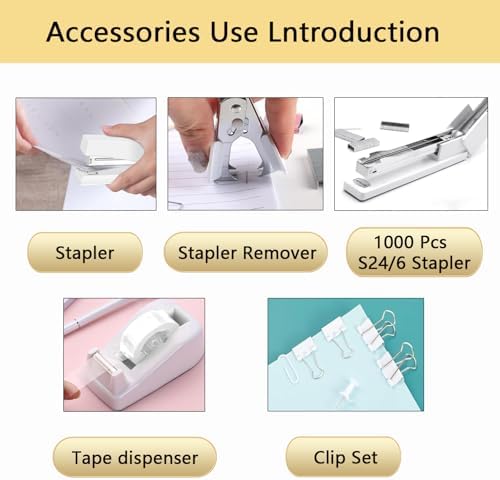 Office Supplies,White Desk Accessories,Office Supplies Set,Stapler and Tape Dispenser Set,Scissors,Staple Remover,Binder Clips,Staples,Ballpoint Pen,Index Tabs with Ruler,Clear Tape.9pcs for Office - Image 2
