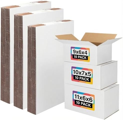 EXYGLO 30 Pack 9x6x4, 10x7x5, 11x6x6 Assorted Sizes Shipping Boxes for Small Business, Each Size 10 Pack, White Corrugated Cardboard Small Box for Packaging, Moving, Mailing, and Storing by EXYGLO