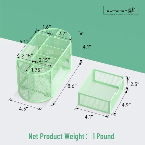 Mesh Desk Organizer with Drawer, 9-Compartment Pen Holder for Desk, Green - Image 3