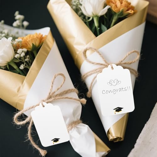 100Pcs Blank Gift Tags with String Foil Black Gold Grad Cap Large Paper Gift Tags with 65 Ft Jute Twine for Congratulations Graduation Congrats Grad Class of 2025 Party - Image 2