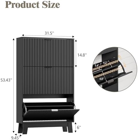 Shoe Cabinet Storage for Entryway with 3 Flip Drawers, Fluted Narrow Shoe Organizer with Wooden Legs, Freestanding Slim Shoe Storage Hidden Shoe Rack Organizer for Front Door Entrance, Hallway, Black - Image 2