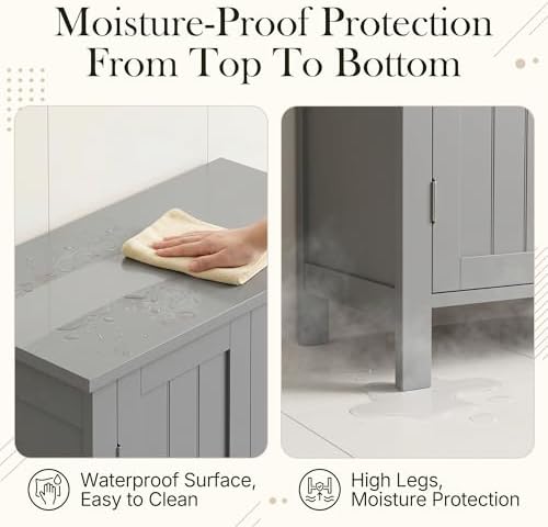 SUPER DEAL Modern Bathroom Floor Storage Cabinet with Adjustable Shelf and Double Door Rust Proof, Living Room Modern Home Furniture Storage Organizer Cabinet, Grey - Image 6