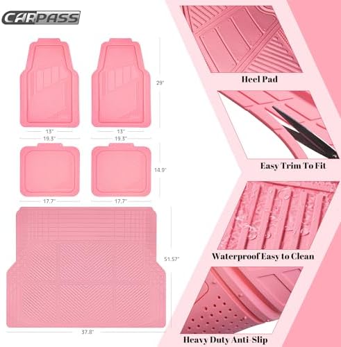 CAR PASS Heavy Duty Rubber Floor Mats Pink Car Mats Full Set with Trunk Cargo Liner - Universal Waterproof Floor Mats for Car SUV Truck, Durable All Weather Liner Mats Automotive Women (All Pink) - Image 2