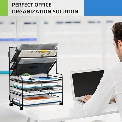 MINDEPOT 4-Tier Paper Organizer + 3-Pocket File Holder + Drawer + Pen Holders, Desktop File Organizers Paper Tray for Office Supplies School Classroom Organization (Black, No Drawer & Pen Holder) - Image 5