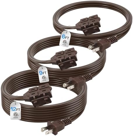 BN-LINK Indoor Extension Cord 6/9/12FT, 2 Prong Extension Cord Brown, 3-Outlet Polarized Flat Cable, 13A/1625W, Perfect for Homes, Offices, and Kitchens, Variety 3-Pack by BN-LINK