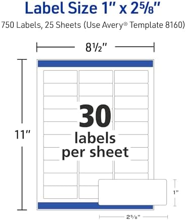 Avery Easy Peel Address Labels, Inkjet Printers, White, Box of 750 Labels (08160), 1" x 2-5/8" (Pack of 5) - Image 5
