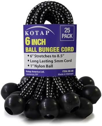 Kotap BB-6B Ball Bungee Cord, Heavy-Duty & Versatile, Indoor & Outdoor, Tarp Tie-Down, Organize & Secure, 6-Inch, Black, 25 Pack by Kotap