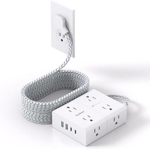Extension Cord 15 Ft, Flat Plug Surge Protector Power Strip 15 Ft Long Cord by OneBeat